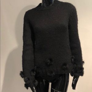 Vintage Wool Sweater With Fur Pom Poms L